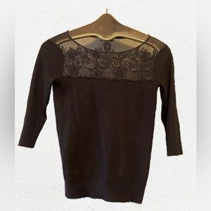 Club Monaco Lightweight Wool 3/4 Sleeve Sweater with Lace Detail Black Size Sm